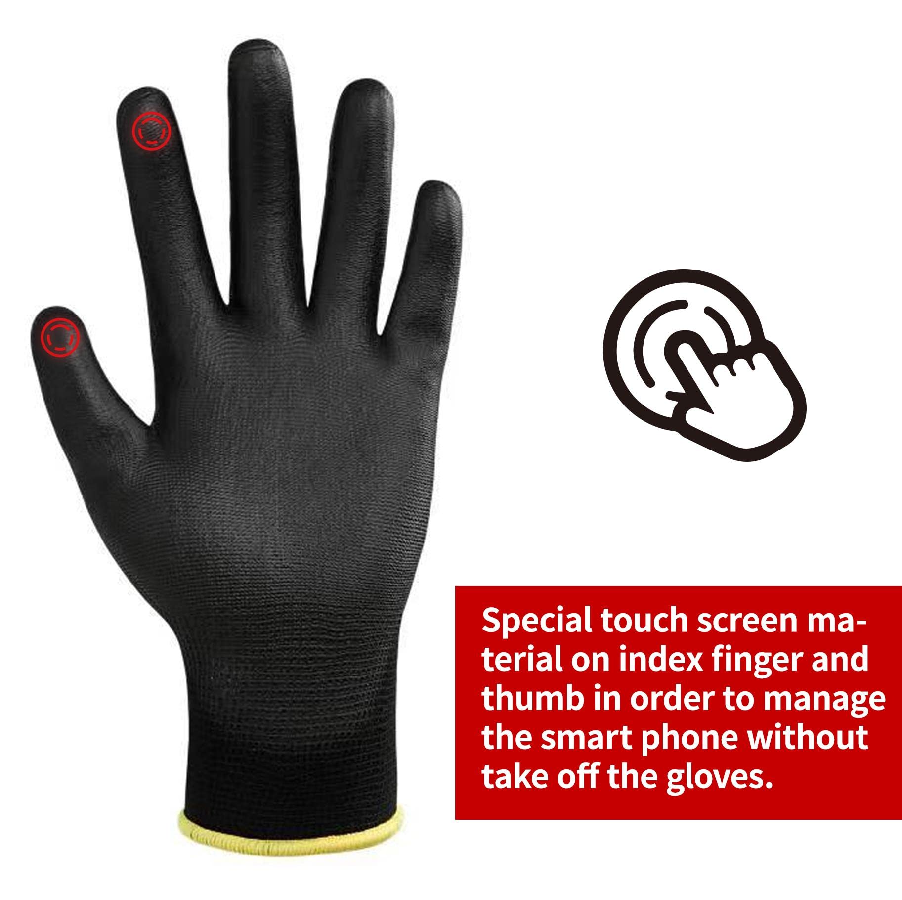 DULFINE Touchscreen Safety Work Gloves for Men 12 Pairs, PU Coated Black M