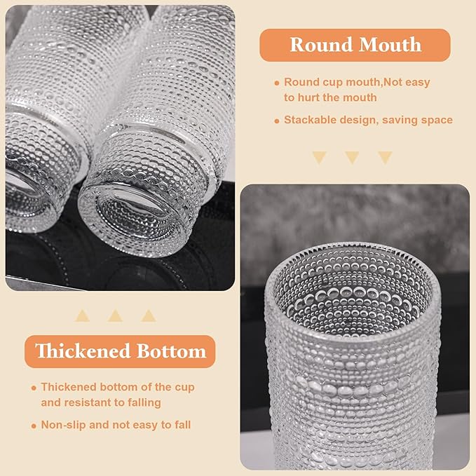 16OZ Glass Tumbler with Straw and Lid,Glass Cups with Lids and Straws,Ribbed Iced Coffee Cups Vintage Embossed Glassware for Juice Whiskey Cocktail Beer(1Pack)