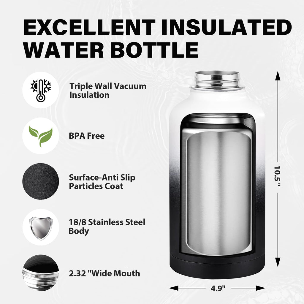 Insulated Water Bottle 64 oz, Triple Wall Vacuum Stainless Steel Water Bottles (Cold for 48 Hrs), Leak Proof & Non-BPA, Half Gallon Water Flask Jug Wide Mouth Straw Lid & Spout Lid