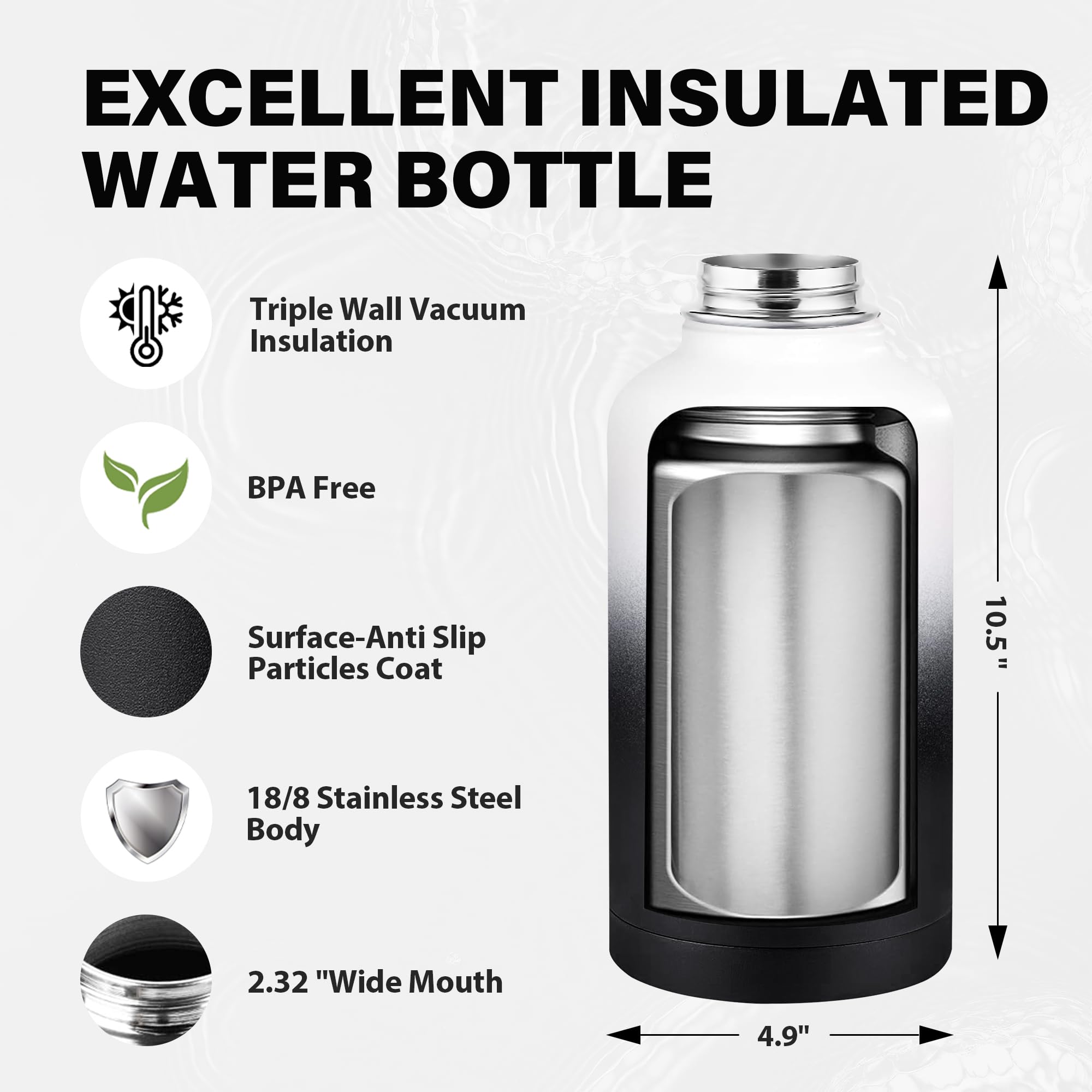Insulated Water Bottle 64 oz, Triple Wall Vacuum Stainless Steel Water Bottles (Cold for 48 Hrs), Leak Proof & Non-BPA, Half Gallon Water Flask Jug Wide Mouth Straw Lid & Spout Lid