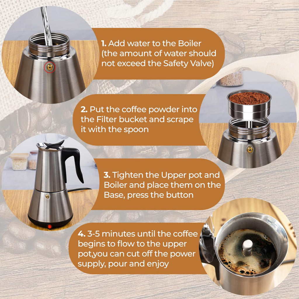Vaolvpant Electric Stainless Steel Moka Pot 6 Cup 300ml Mocha Pot