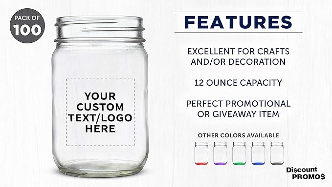 DISCOUNT PROMOS Custom Decorating Mason Jars 12 oz. Set of 100, Personalized Bulk Pack - Glass Jars for Overnight Oats, Candies, Fruits, Pickles, Spices, Beverages - Clear