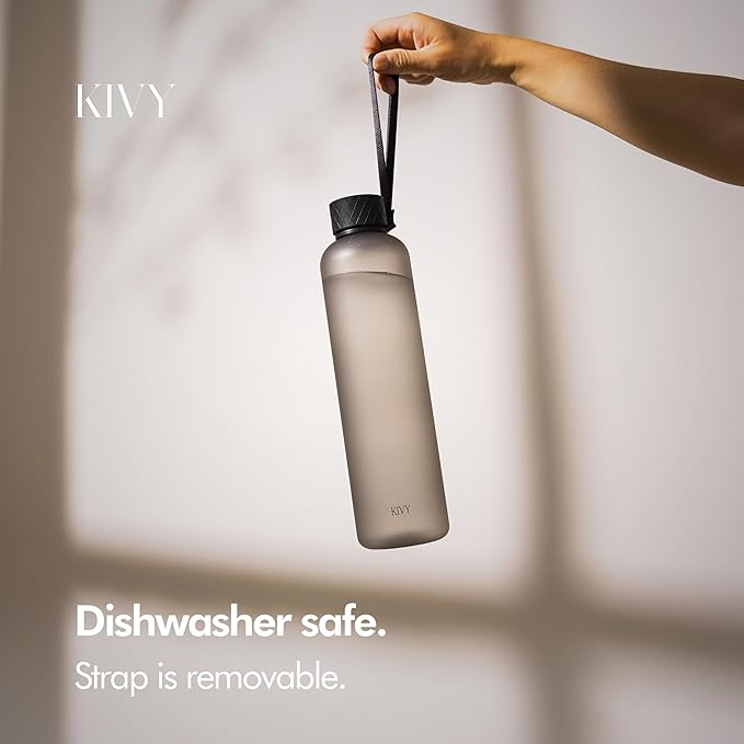 KIVY Slim Water Bottle 32oz [Lightweight & Shatterproof] Fits Backpack & Cupholder for Travel, Sports, School, Gym - Black water bottle no straw - Mens water bottle screw top - Dishwasher Safe