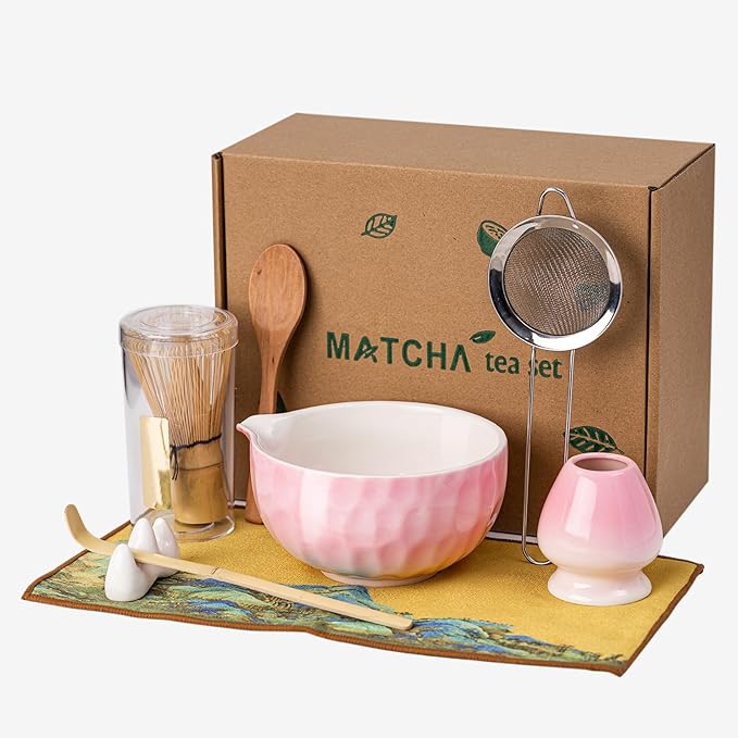 Japanese Matcha Whisk Set,Ceramic Matcha Set Includes Bowl with Spout, Matcha Sifter, Bamboo Whisk and Holder for Matchas Tea,2 Bamboo Scoop, Scoop Rest,Tea Towel - 8 Pcs Kit Gift for Matcha Lovers