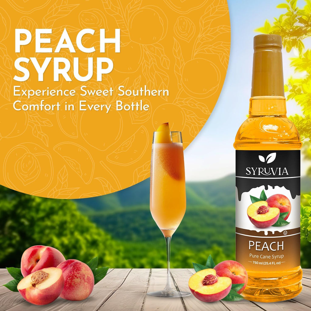 Syruvia Peach Syrup, Flavored Syrup for Cocktails, Fruit Drinks, Lemonades, and Desserts – 25.4 fl oz