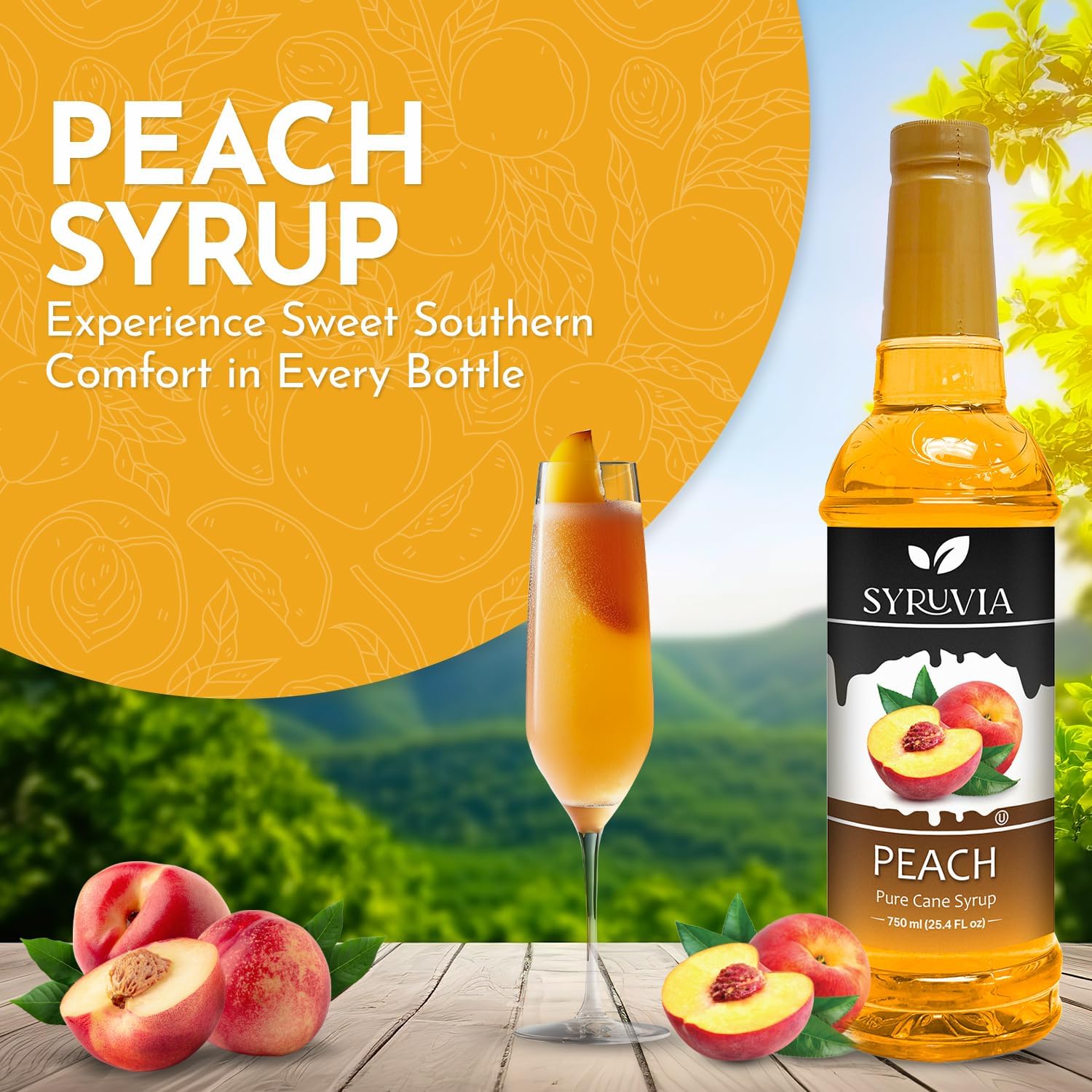 Syruvia Peach Syrup, Flavored Syrup for Cocktails, Fruit Drinks, Lemonades, and Desserts – 25.4 fl oz