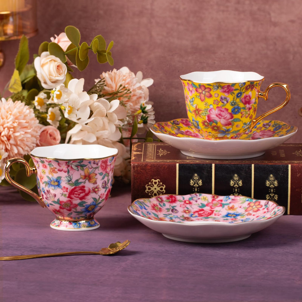 KAMMAK Tea Cup and Saucer, Ceramic Coffee Cups, 6.3 oz, Set of 2
