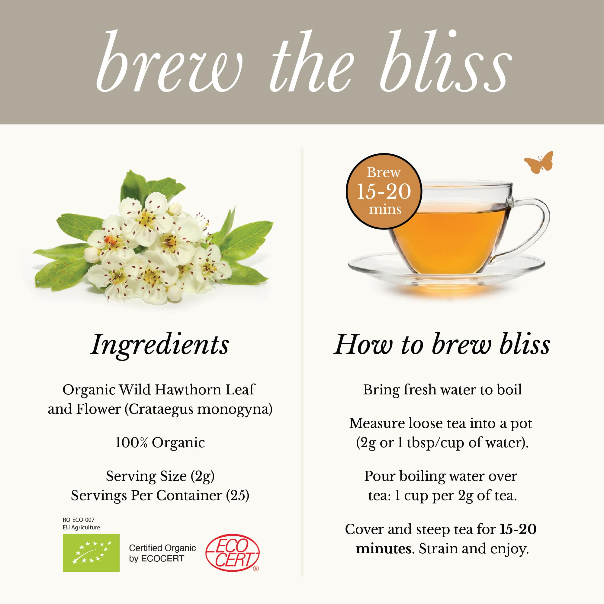 Wild Bliss Organic Hawthorn Loose Leaf and Flower Tea - Caffeine Free Heart Health Herbal Support - 1.76 Oz - 25 Servings