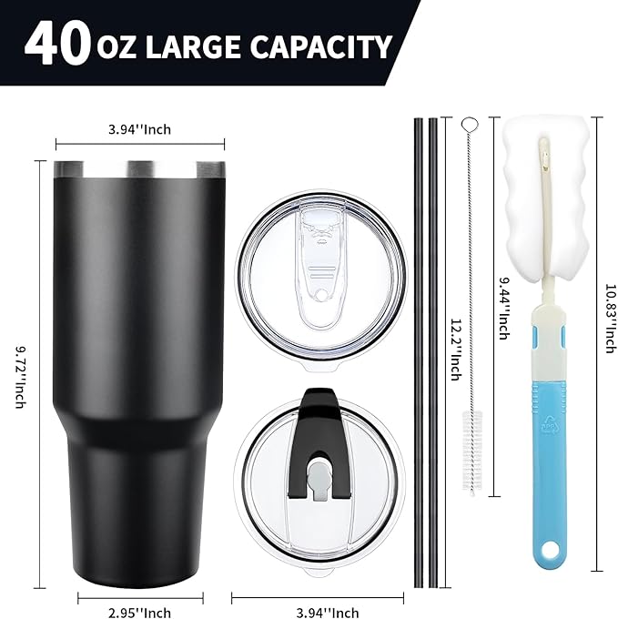 40 oz Tumbler with Lids and Straws, Stainless Steel Insulated Coffee Tumbler, Double Wall Vacuum Insulated Travel Mug Cup, Leakproof Thermal Coffee Cup for Hot and Cold Drinks (Black)