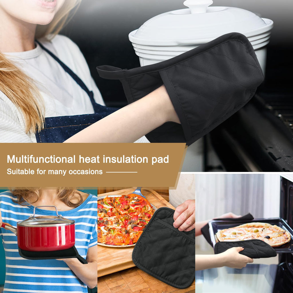YEKOO 2Pcs Cotton and Neoprene Oven Pads Pot Holders with Pocket 8"x8.5" Dual-Function Hot Pad Set for Finger Hand Wrist Protection Heat Resistant to 428°F,Black