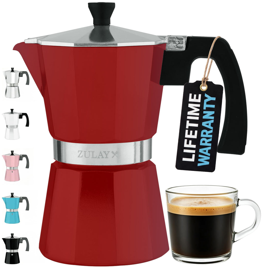 Zulay Moka Pot Espresso Stovetop Coffee Maker - Leak-Proof, Stainless Steel, Easy to Clean, Heat Resistant Handle & Knob - for Authentic Cuban & Italian Style Espresso - Makes 6 Espresso Cups - Red