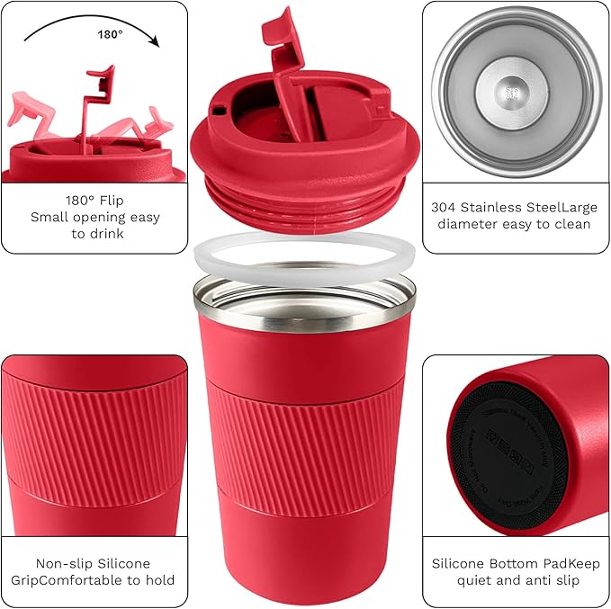 YINBAOGE Insulated Travel Coffee Mug Spill Proof Leak Proof Pobtable To Go Camping Stainless Steel Coffee Tumbler Reusable Coffee Cups with Lids Thermos for Hot and Cold Drink (Red, 17 OZ)