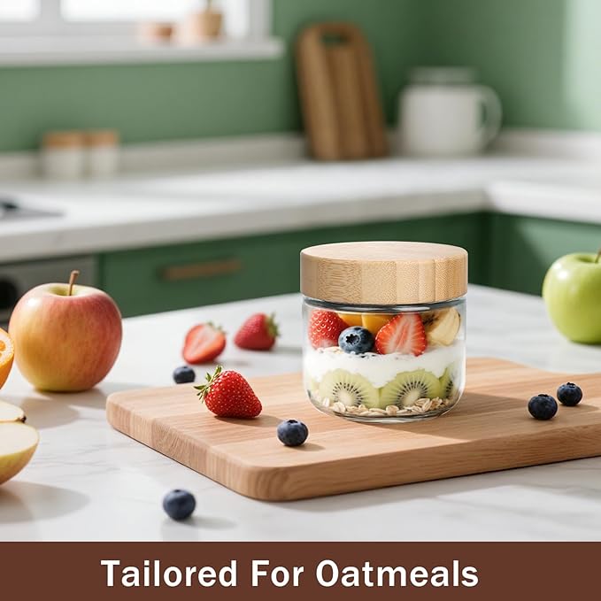 OcePor 4 Pack 10oz Glass Jars with Bamboo Lids, Over Night Oats Container with Airtight Lid, Glass Snack Storage Salad Jars For Food, Yogurt, Sugar and Flour,Coffee Bean, Cookie, Cereal