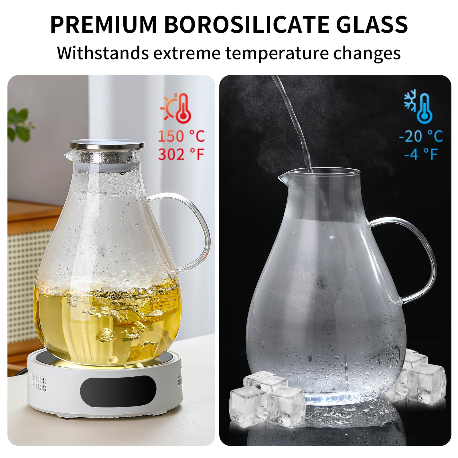 UNBREAKABLE - 1 Gallon Glass Pitcher – 3800ml Heat-Resistant Borosilicate Water Jug with Stainless Steel Lid, Easy to Clean, Handmade Carafe for Hot & Cold Drinks – Modern Style for Home or Office