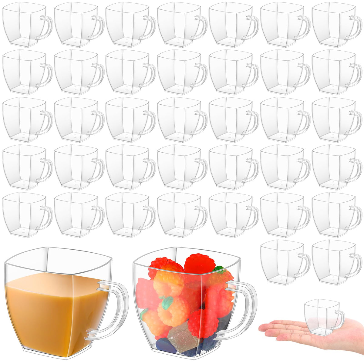 Amyhill 50 Pcs Mini Disposable Tea Cups with Handle, 2oz Hard Plastic Coffee Mug Bulk Plastic Square Disposable Espresso Cups for Wedding Tea Party Catering Dessert Sampling (White)