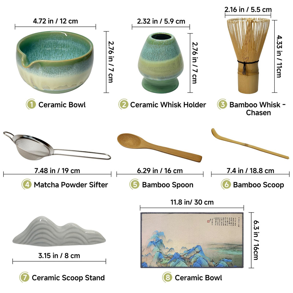 Matcha Whisk Set with Ceramic Bowl - Bamboo Whisk (Chasen), Scoop, Sifter & Holder - Complete Kit for Traditional Matcha Tea - Unique Gifts for Women, Men, Tea Lovers (Green)