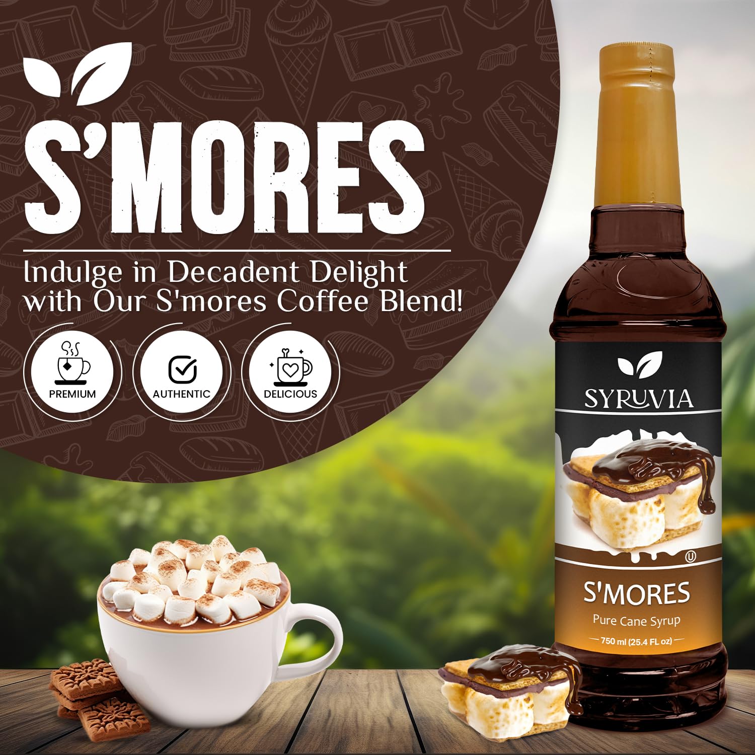 Syruvia Coffee Syrup, S'mores Flavored Syrup for Drinks, Lattes, and Desserts – 25.4 fl oz