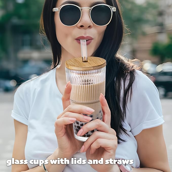 20 oz Ribbed Glass Tumblers with Bamboo Lids and Straws, 2 Pcs Wide Mouth Thickened Vintage Glass Cup for Boba, Iced Coffee, Juice