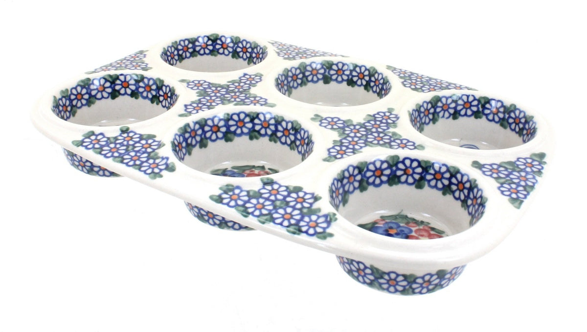 Blue Rose Polish Pottery - Red Tara Muffin Pan - 12" x 8" - Ceramic Baking Dish, 6-Cup Muffin & Cupcake Pan
