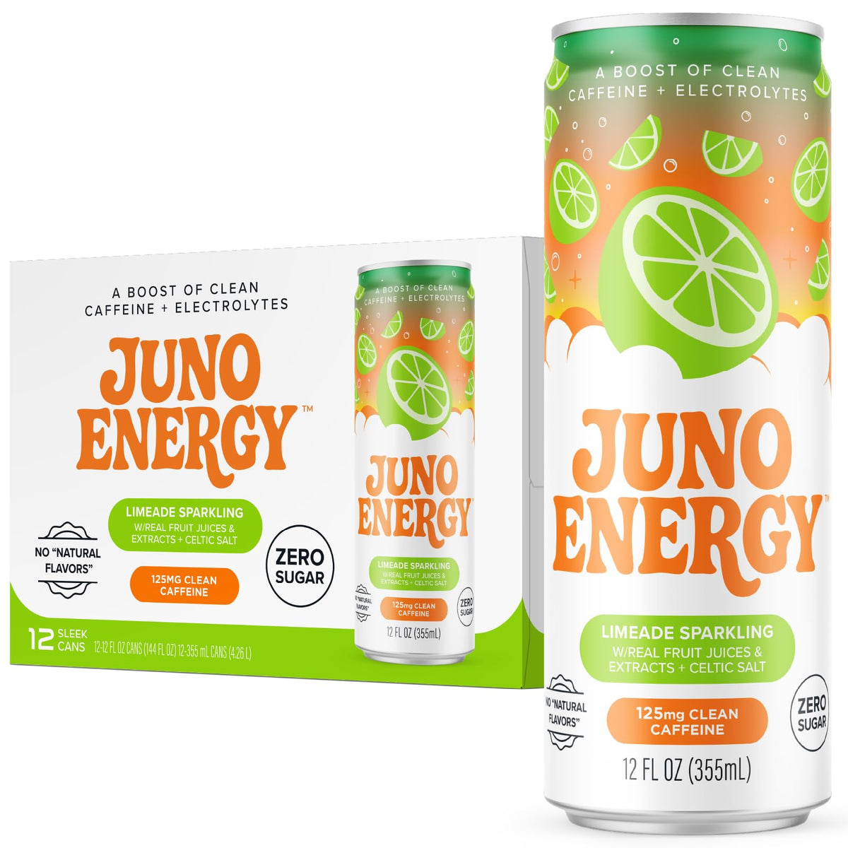 JUNO ENERGY Organic Cherry Sparkling Energy Drink - Sugar Free, Energizing and Hydrating with 125mg Organic Caffeine from Green Coffee Beans, Stevia, Sour and Black Cherry Juice & Electrolytes - Vegan, Gluten Free, 12 Pack