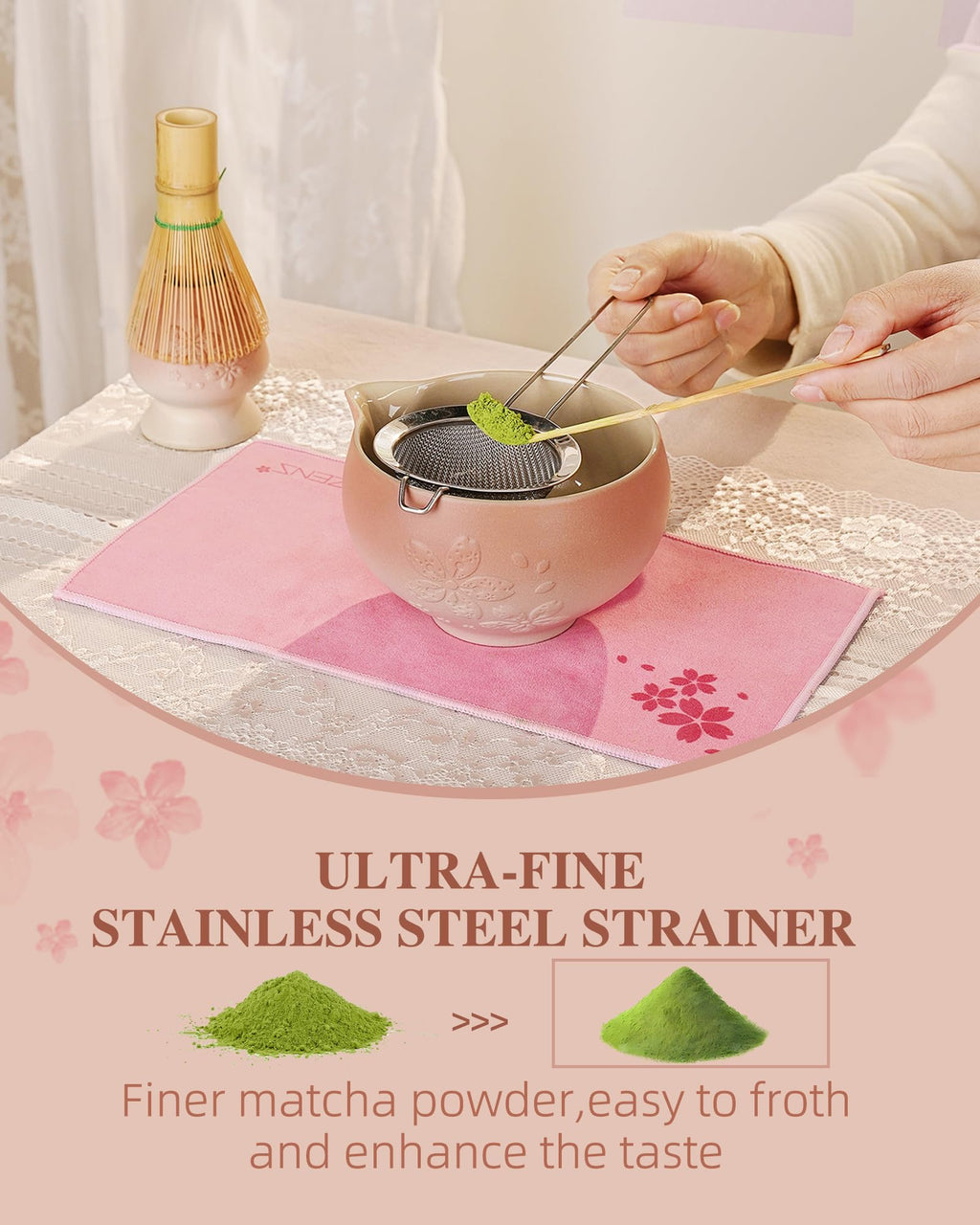 ZENS Premium Matcha Whisk Set, 6pcs Matcha Kit with Matcha Tools, Pink