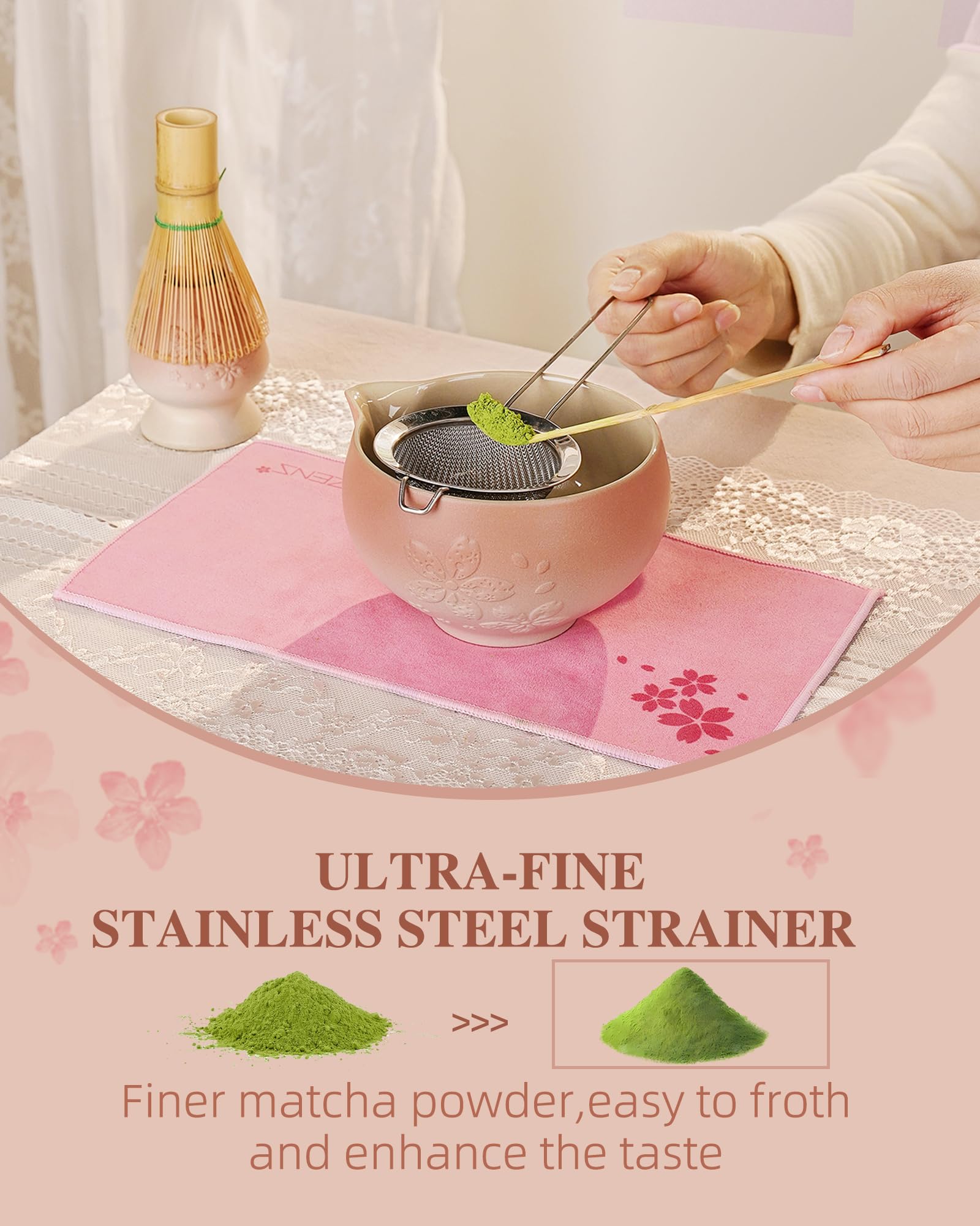 ZENS Premium Matcha Whisk Set, 6pcs Matcha Kit with Matcha Tools, Pink