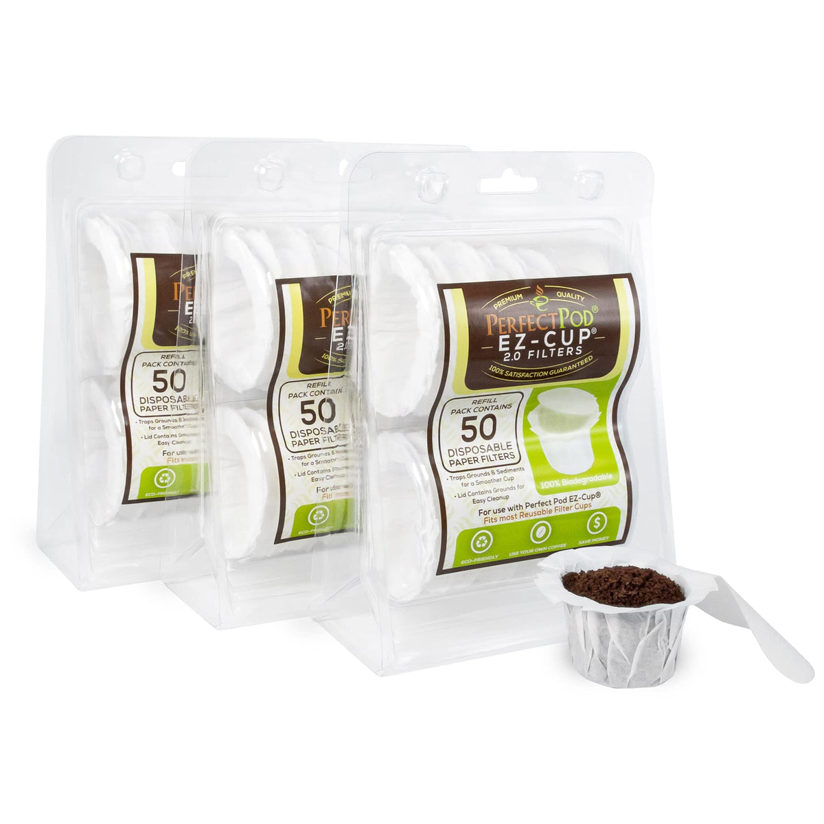 Perfect Pod EZ-Cup Paper Filters with Lid for Reusable Coffee Pods, 150 Ct