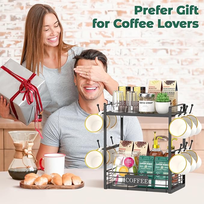EsLuker.ly Coffee Mug Cup Holder Stand Bar Station Organizer for Countertop, Multi-Functional 2 Tier Mug Tree Rack for Kitchen, Storage Shelf with 12 Hooks, Black(Patented Design)