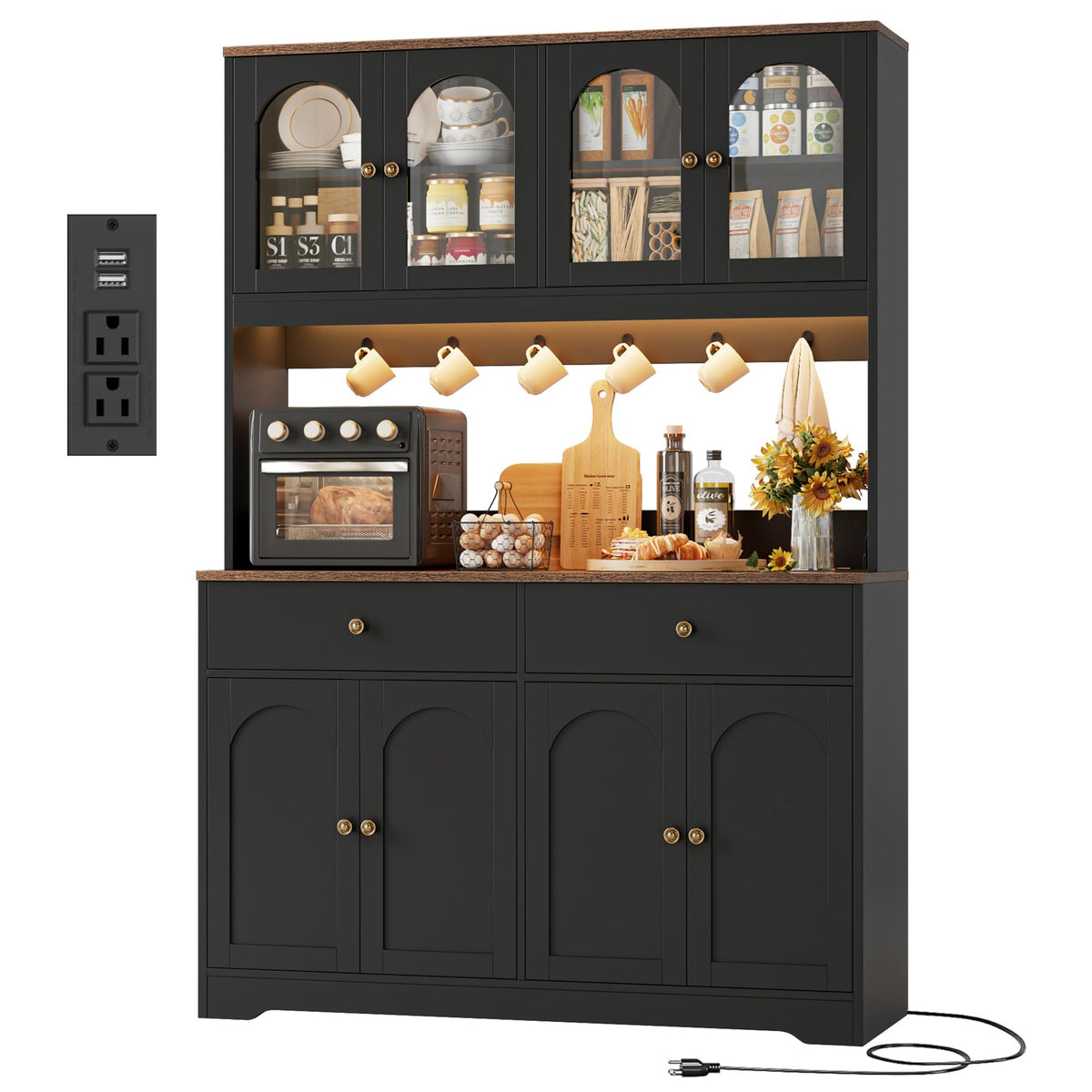 HIFIT 71" LED Kitchen Pantry Cabinet with Power Outlet, Tall Hutch, White