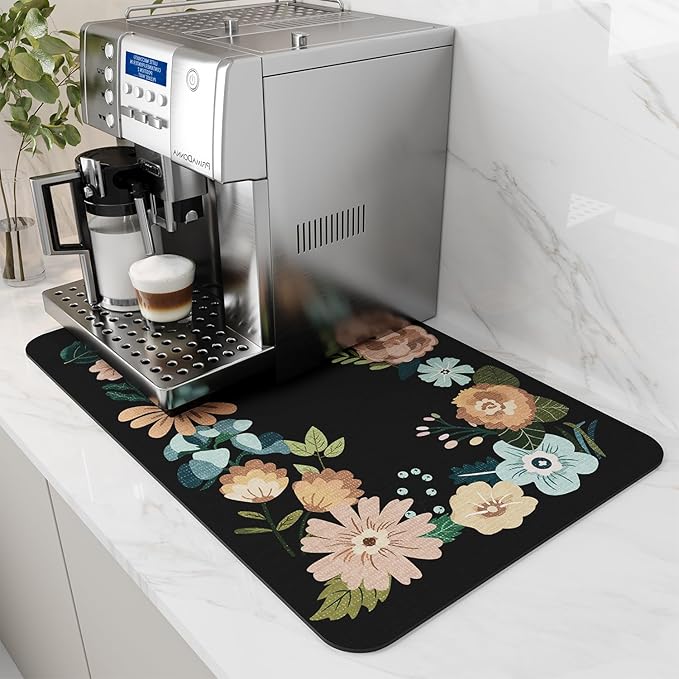 AMOAMI Coffee Mat - Hide Stain Rubber Backed Absorbent Dish Drying Mat for Kitchen Counter - Fits Under Coffee Maker - Khaki 12X19