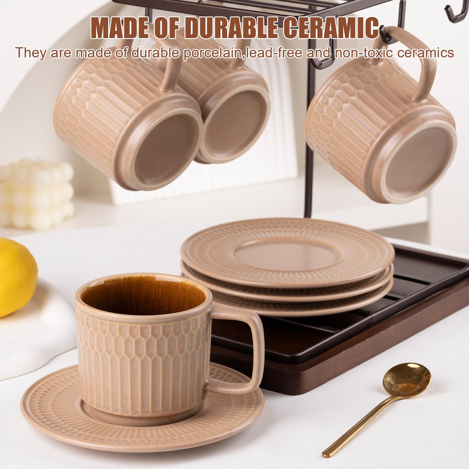 WHITEPEONY 8oz Cappuccino Cups with Saucers Set of 4, 8 Ounce Stackable Embossed Ceramic Coffee Mugs for Specialty Coffee Drinks, Latte Mugs, Cafe Mocha and Tea, Dishwasher & Microwave Safe (Brown)
