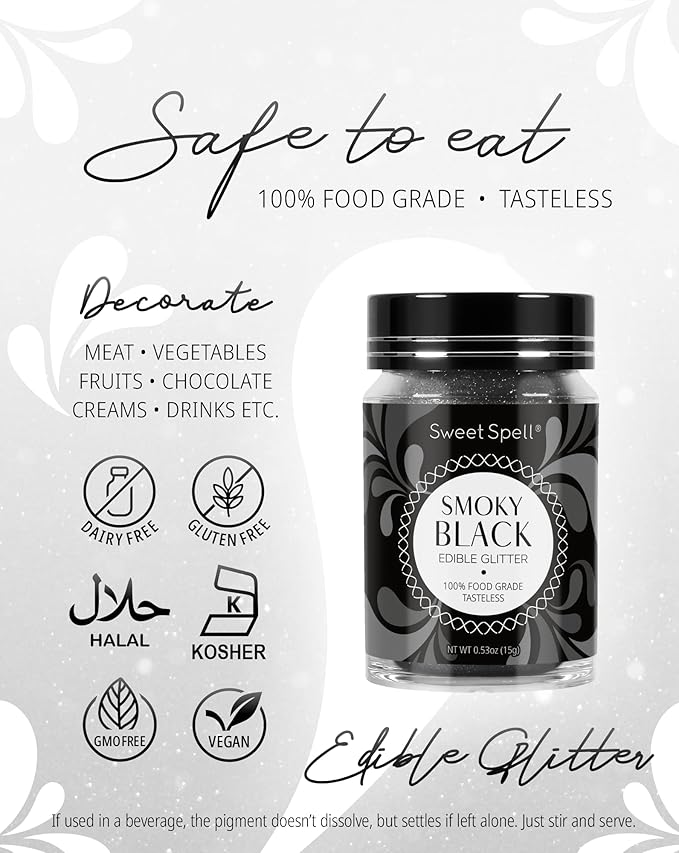Sweet Spell Edible Glitter (15g) - Shimmer Sparkles for Drinks, Cakes, Cocktails - 100% Edible & Food Grade Glitter, Vegan, Gluten-Free (Black)