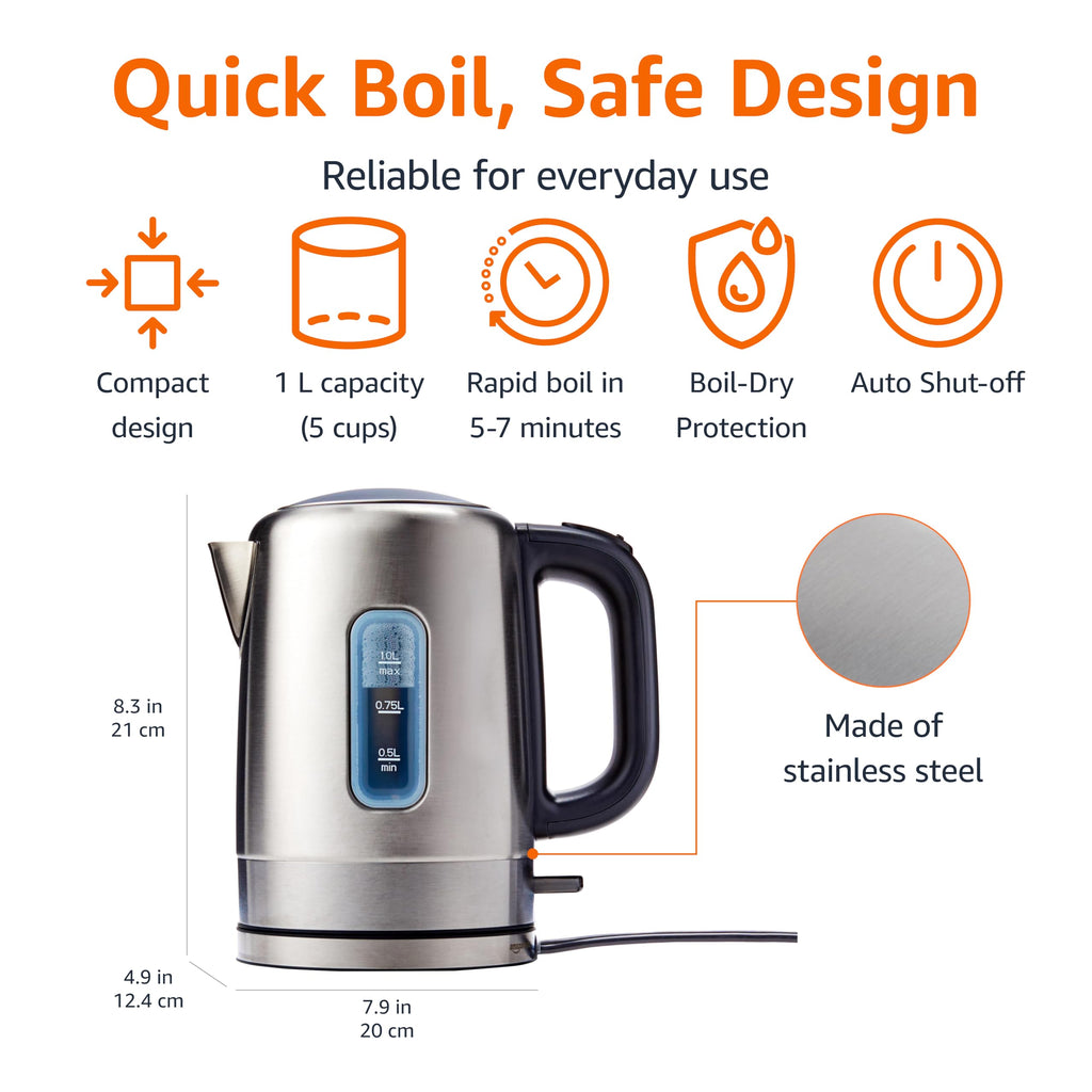 Electric Stainless Steel Kettle for Tea and Coffee, BPA-Free, Fast Boiling, Auto Shut-Off, 1 Liter, 1500W, Black and Silver