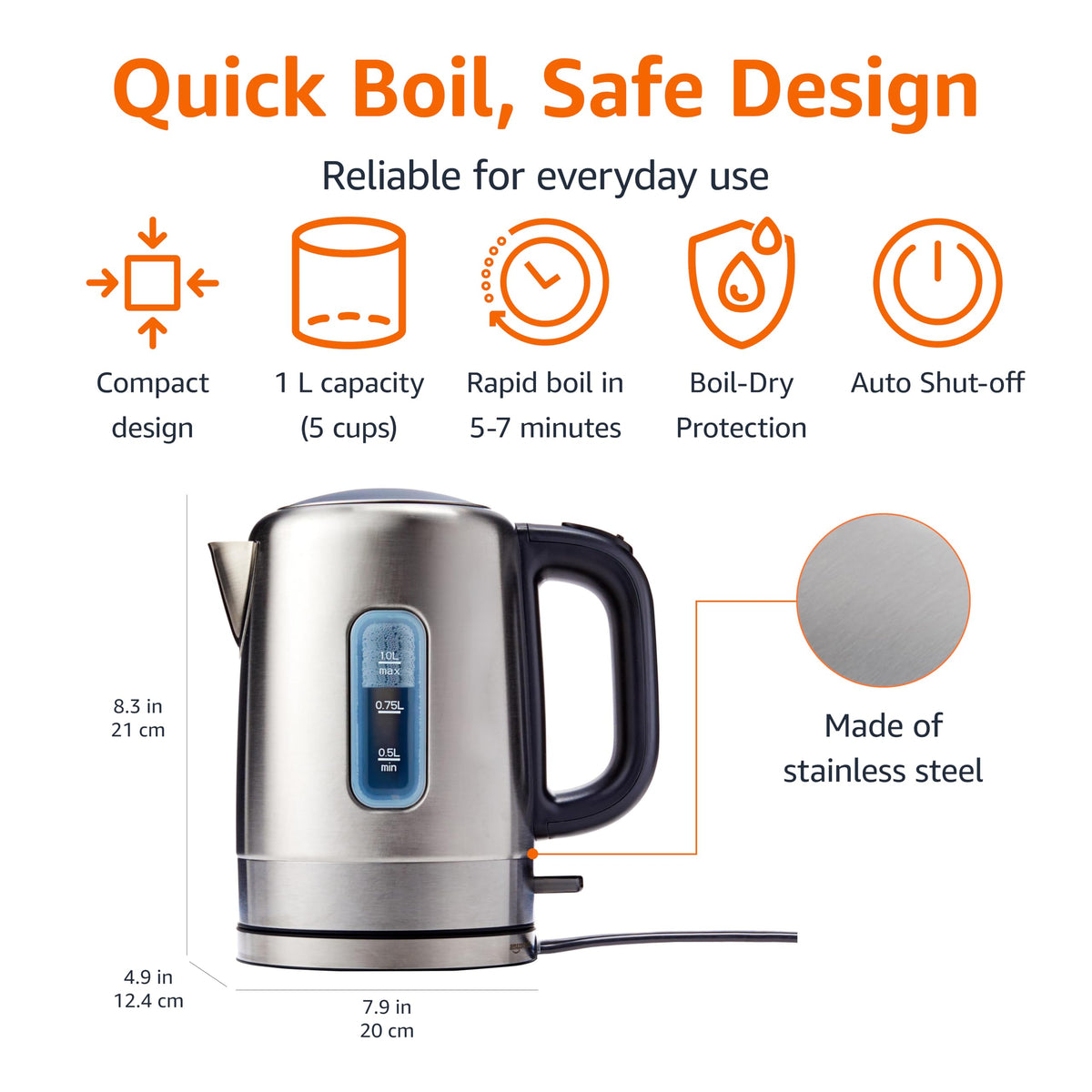 Electric Stainless Steel Kettle for Tea and Coffee, BPA-Free, Fast Boiling, Auto Shut-Off, 1 Liter, 1500W, Black and Silver