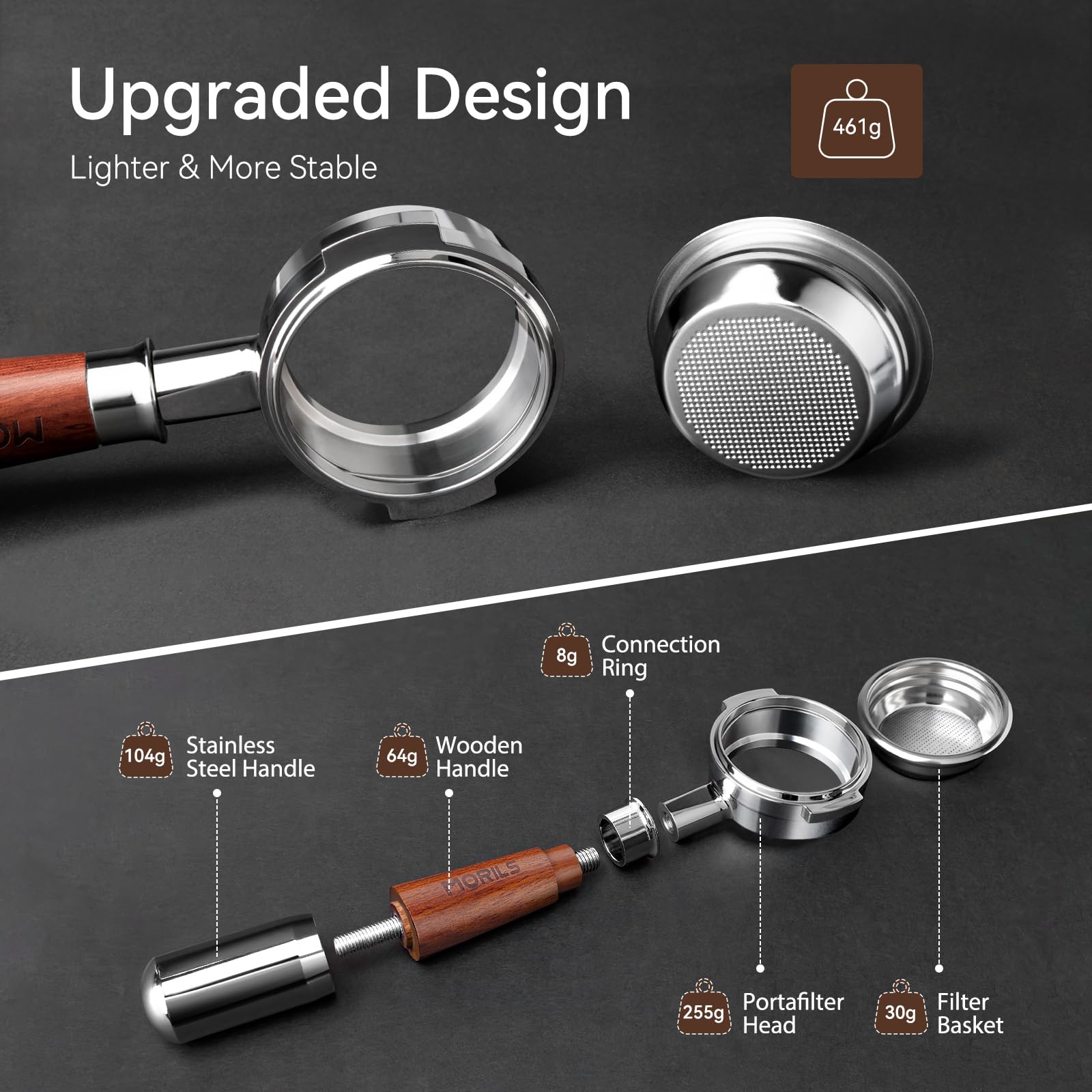 MORILS Bottomless Portafilter 58mm with Double Shot Filter Basket & Premium Walnutwood Handle, Portafilter with Puck Screen Compatible with All Breville 58mm Machines, Espresso Accessories, Silver