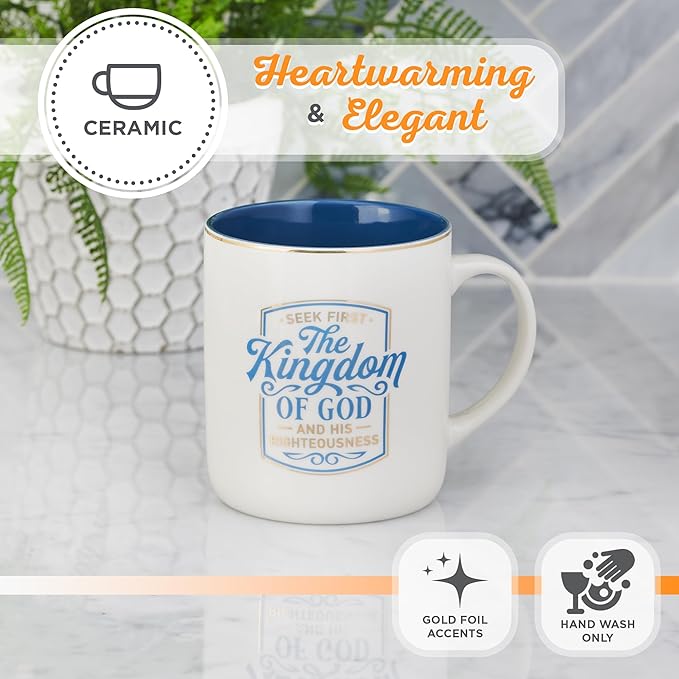 Christian Art Gifts Royal Blue Ceramic Coffee Mug – 14 oz. Lead and Cadmium-free, Non-toxic Inspirational Scripture Coffee and Tea Mug for Women with Bible Verse: The Kingdom of God – Matthew 6:33