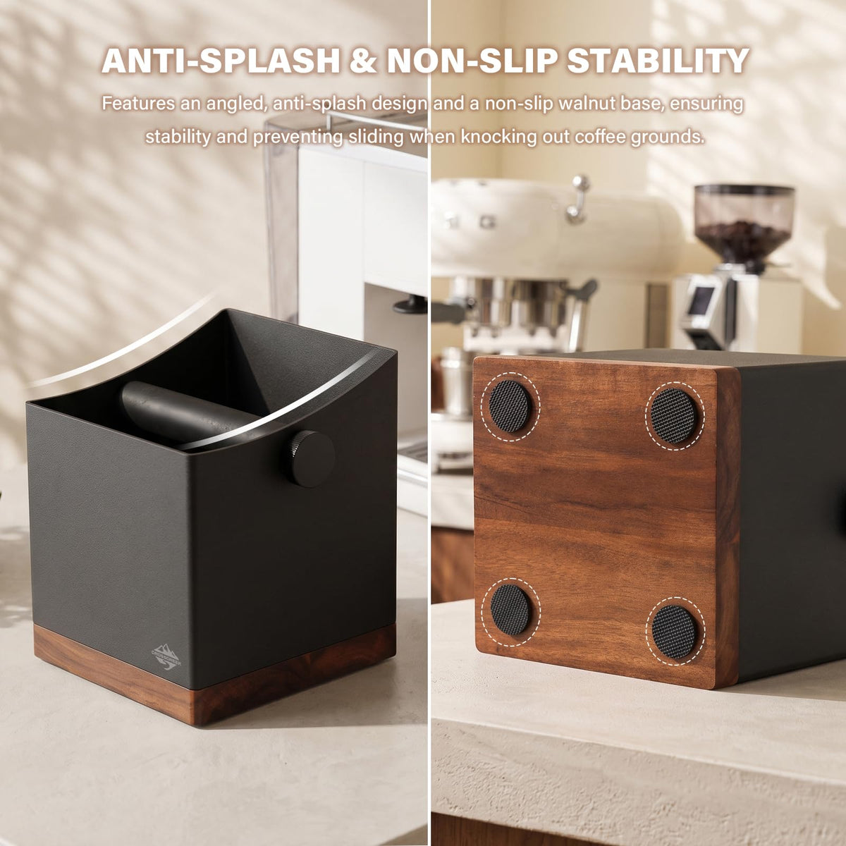 CrossCreek 2.5L Large Espresso Knock Box - Metal & Walnut Wood Coffee Grounds Container for Home Bar, Shock-Absorbent Removable Silicone Knock Bar, Non-Slip Base Coffee Puck Bin for Espresso Station