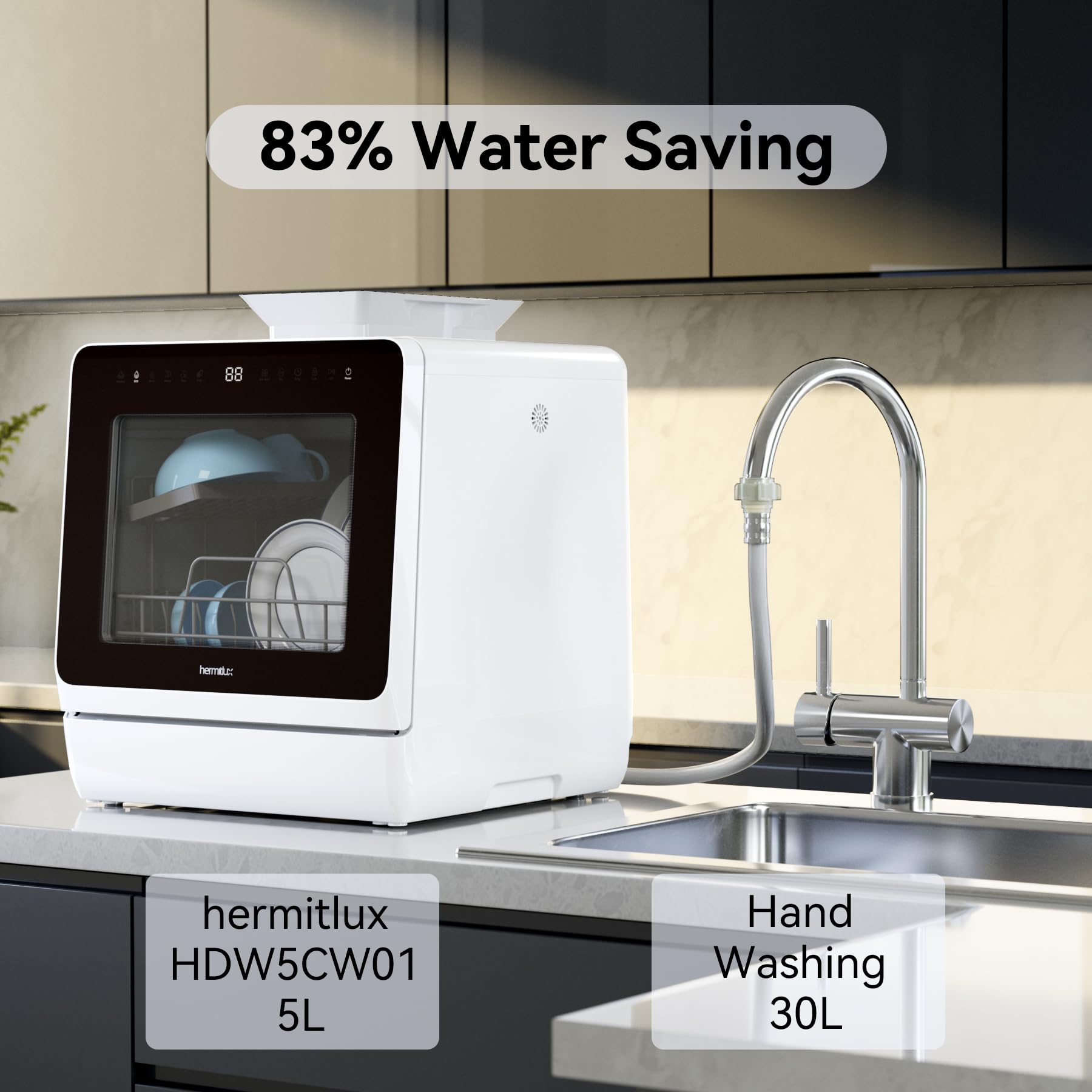 Hermitlux Countertop Dishwasher, 7 Washing Programs Portable Dishwasher
