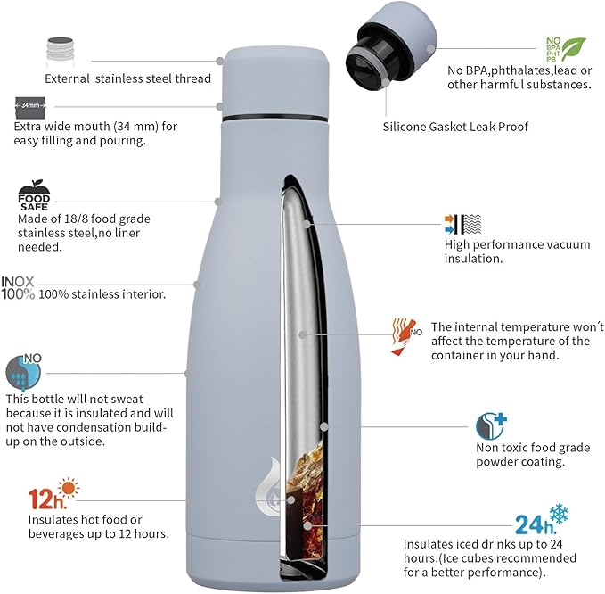 BJPKPK Insulated Water Bottle 12oz Small Stainless Steel Water Bottles Reusable Metal Thermos Keep Cold and Hot,Mist Grey