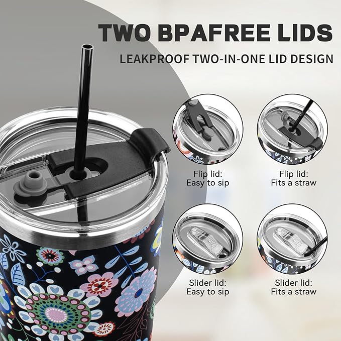 40 oz Tumbler with Lids and Straws, Stainless Steel Insulated Coffee Tumbler, Double Wall Vacuum Insulated Travel Mug Cup, Leakproof Thermal Coffee Cup for Hot and Cold Drinks (Flower)
