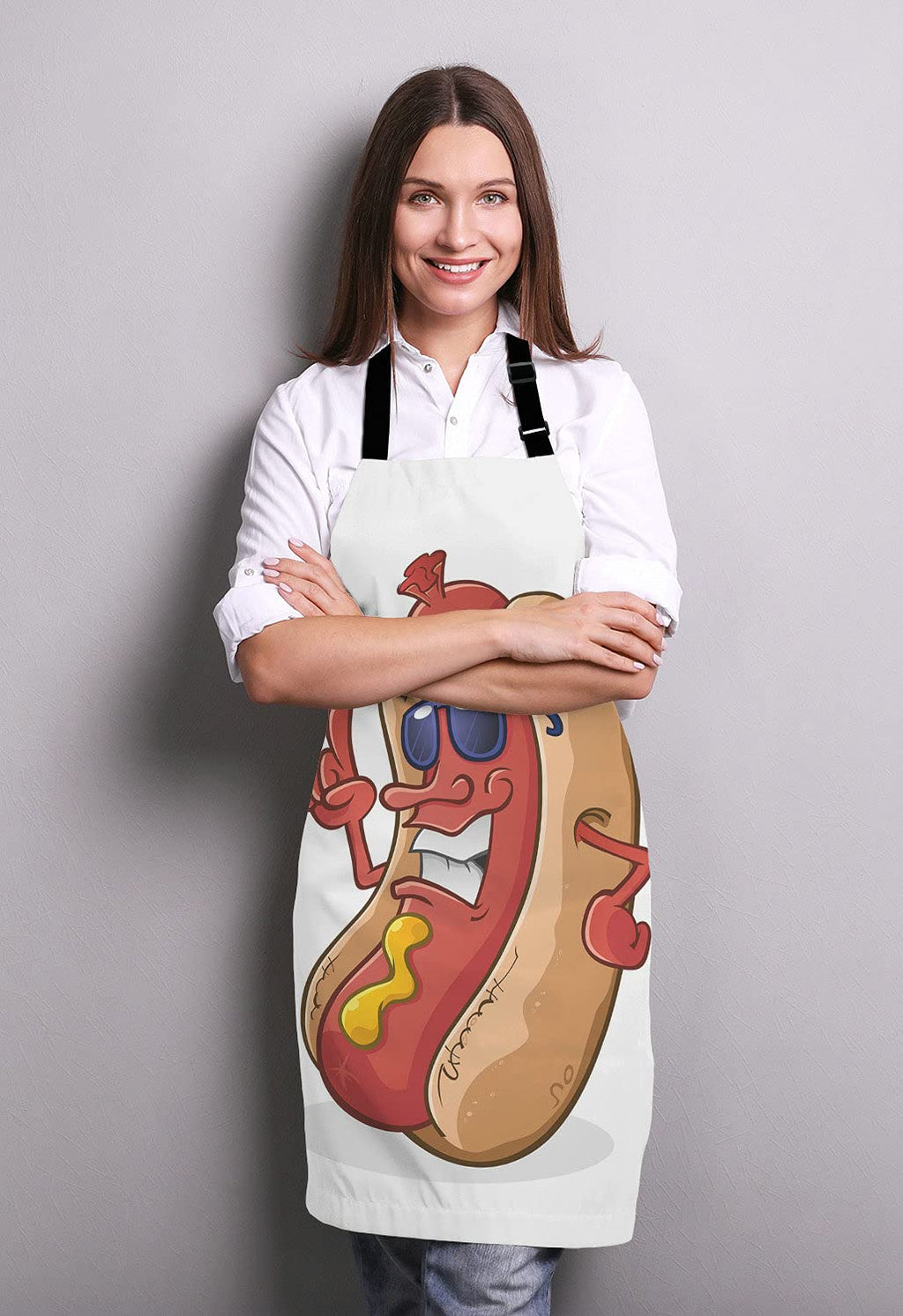 Lefolen Hot Dog Cartoon Character Wearing Sunglasses Adjustable Bib Apron Kitchen Cooking Baking Gardening Apron for Women Men