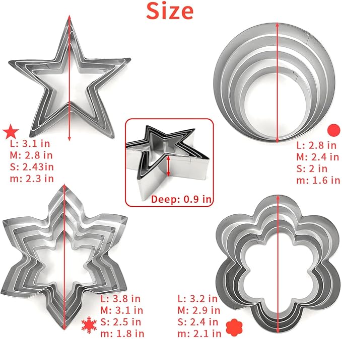 Basic Cookie Cutters 16Pcs, Star Round Flower Snow Shapes Cookie Cutter 4 Size, Biscuit Fondant Cutters Pancake Molds for Baking Decorating Daily Holiday Birthday Party