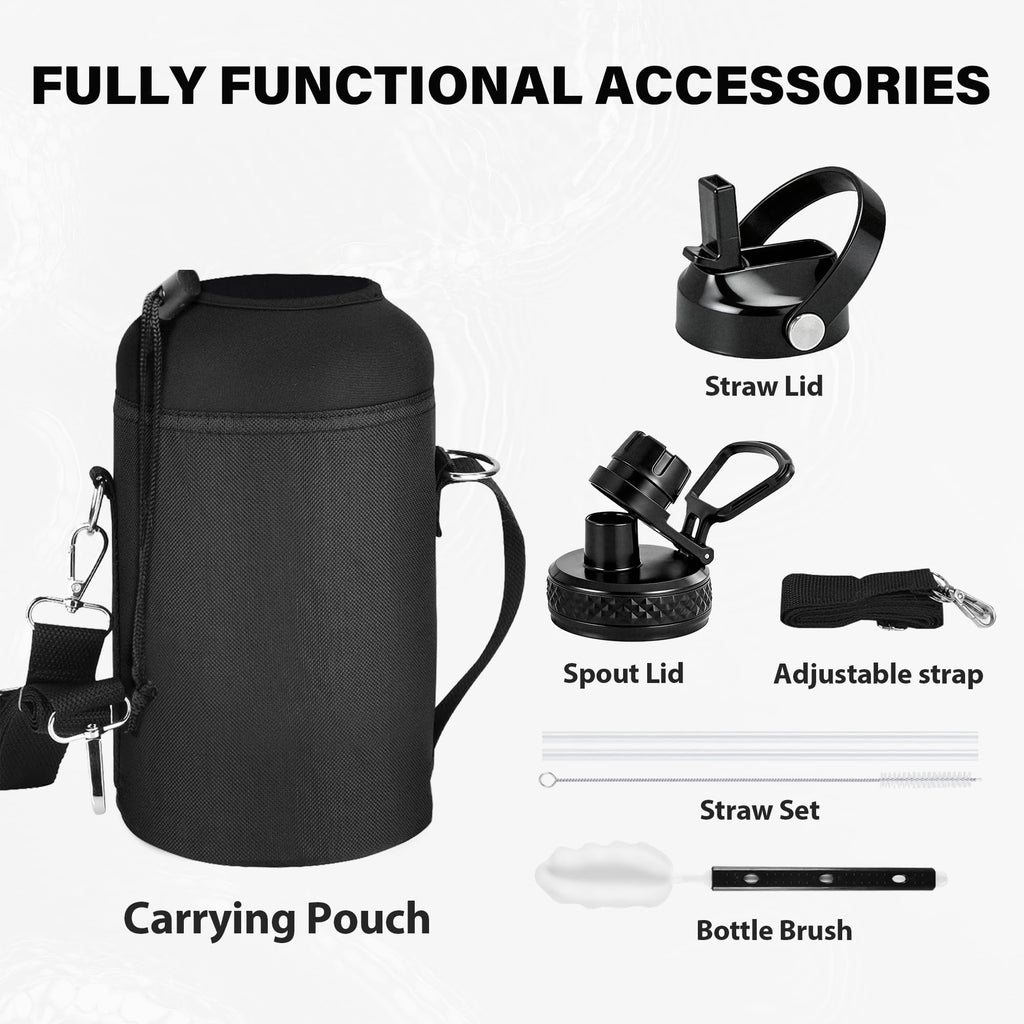 Insulated Water Bottle 64 oz, Triple Wall Vacuum Stainless Steel Water Bottles (Cold for 48 Hrs), Leak Proof & Non-BPA, Half Gallon Water Flask Jug Wide Mouth Straw Lid & Spout Lid
