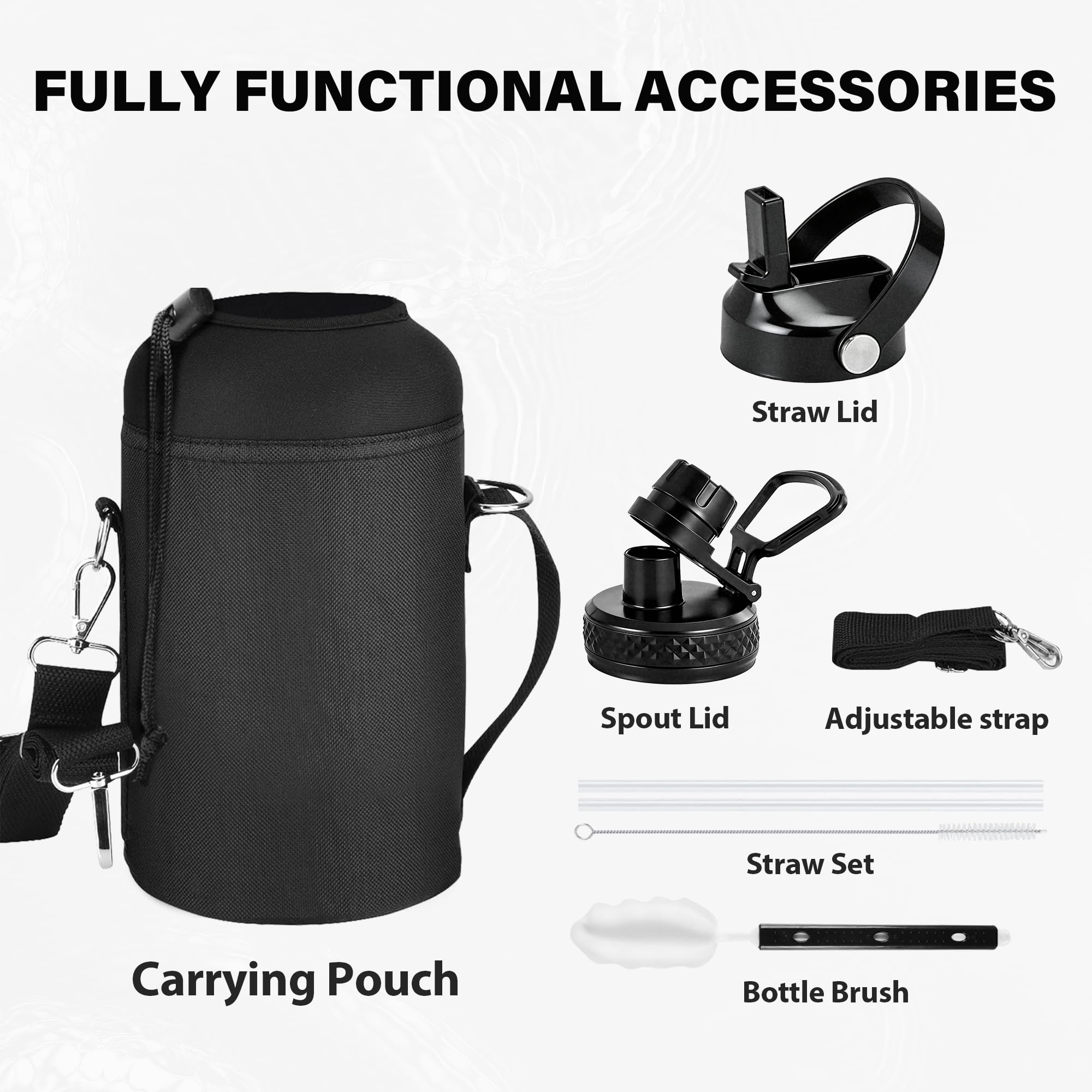 Insulated Water Bottle 64 oz, Triple Wall Vacuum Stainless Steel Water Bottles (Cold for 48 Hrs), Leak Proof & Non-BPA, Half Gallon Water Flask Jug Wide Mouth Straw Lid & Spout Lid