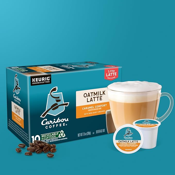 Caribou Coffee Caramel Comfort Oatmilk Latte, One Step Latte Single Serve Keurig K-Cup Pods, 60 Count (6 Packs of 10)
