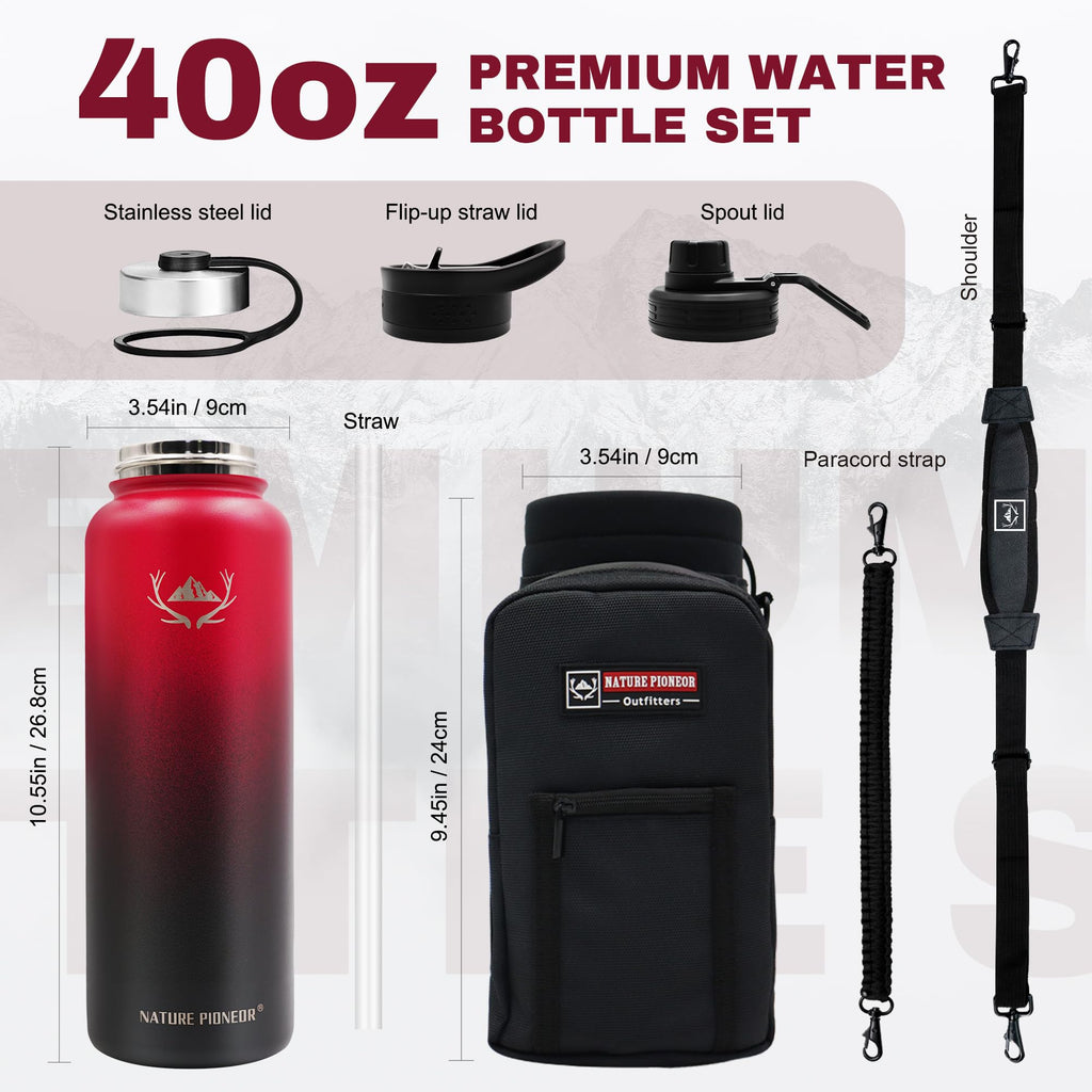 NATURE PIONEOR 40 oz Insulated Water Bottle with Carrier Bag & 3 Lids