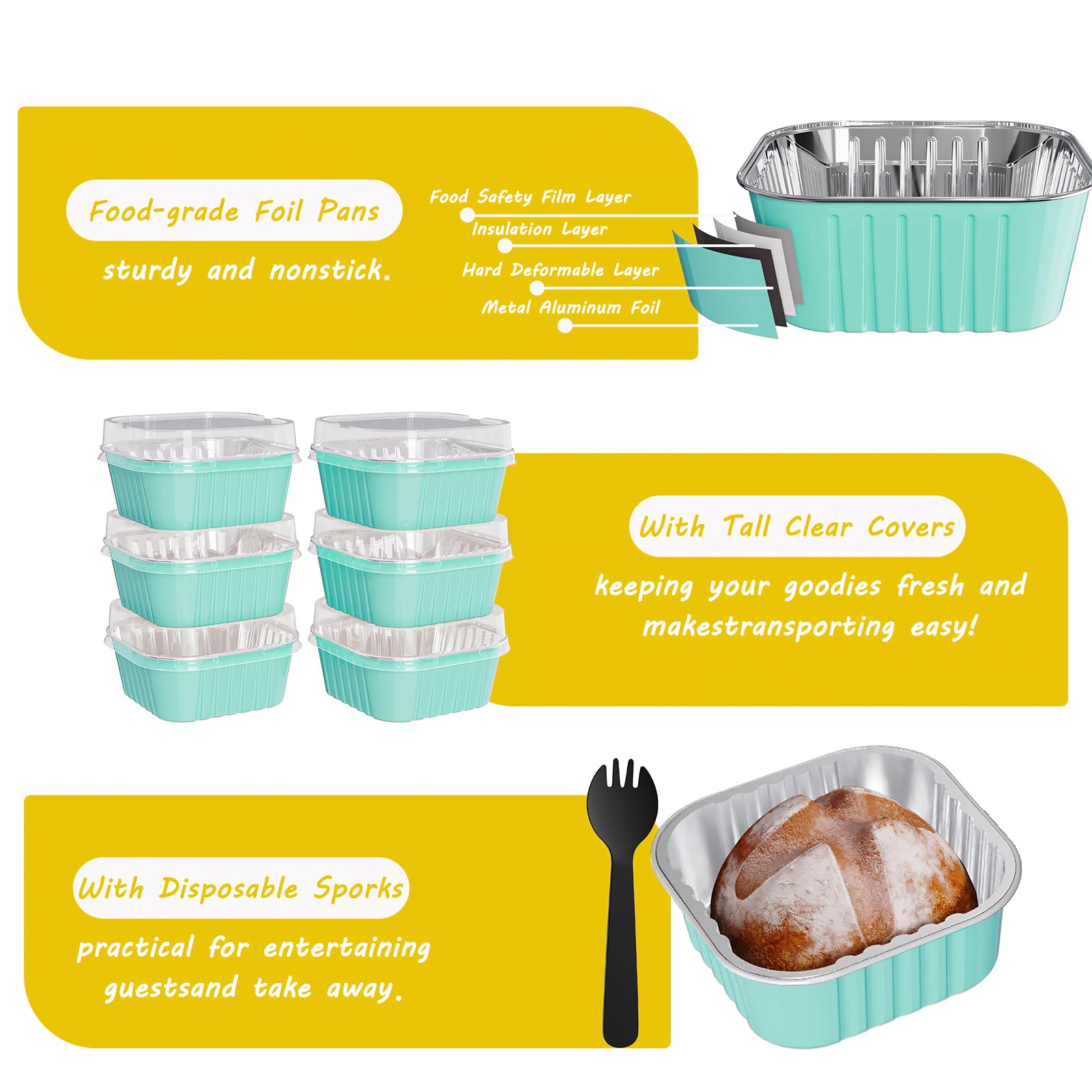 Ksmxos 25 Pack Square Mini Cake Pans with Lids,Mini Loaf Pans with Lids,Aluminum Foil Baking Cups,Disposable Ramekins Cupcake Cups,Dessert Cups for Wedding Birthday Party Picnics,5oz (Blue)