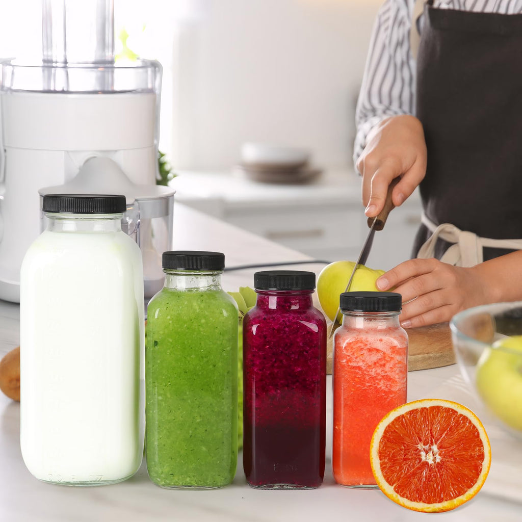 CAKKVDE 16 oz Glass Juice Bottles with Lids 12 Pack