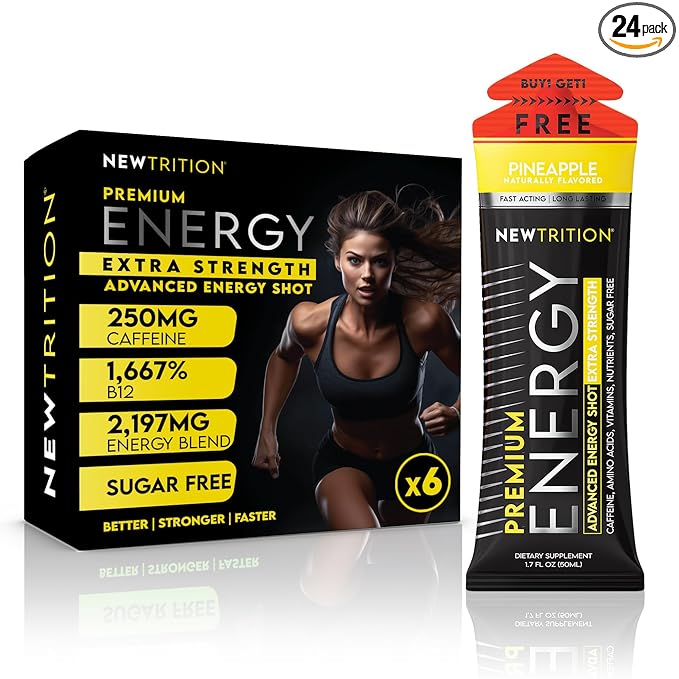 NewTrition® Extra Strength Energy Shots, 250mg Caffeine Energy Shots with Vitamin B & Amino Acids, Sugar-Free Vitamin Energy Shot, 1.7 fl oz (Pack of 6, Pineapple)