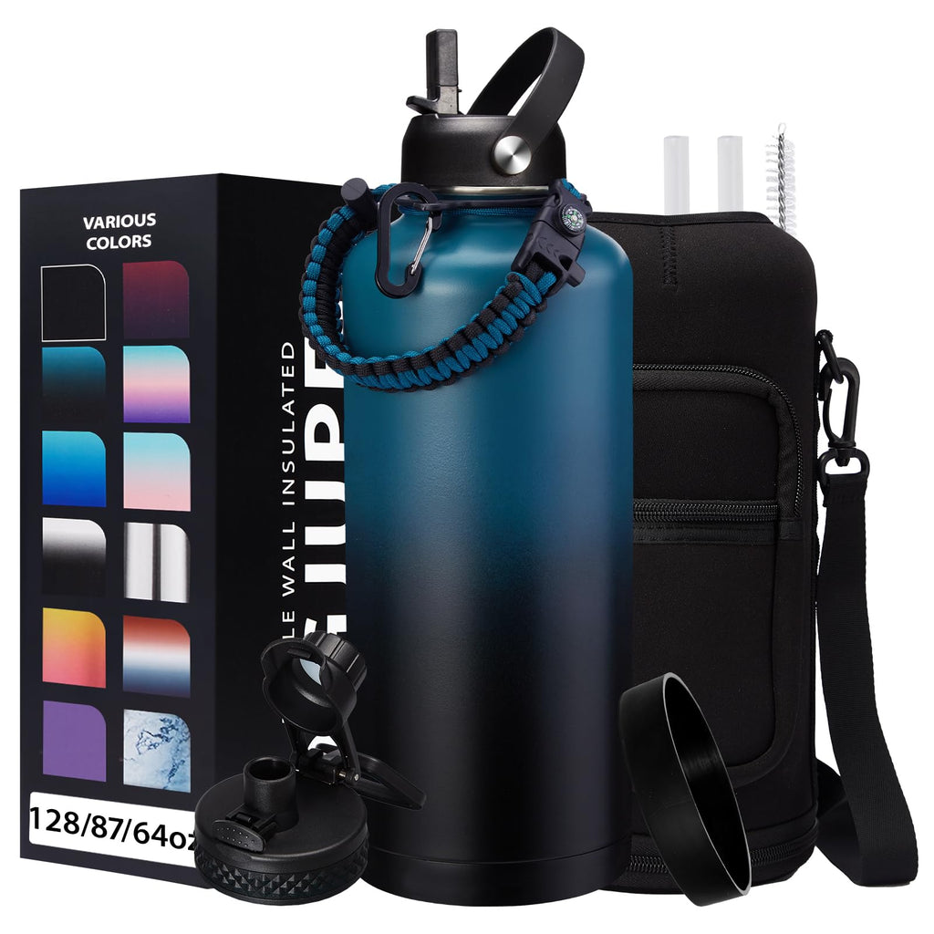 128OZ Insulated Water-Bottles with Strap - 1 Gallon Large Water Jug with Straw & Spout Lid, Stainless Steel Water Bottle Leak Proof, Cold-48h Hot-24h Metal Water Flask w/Paracord Handle, Carrier Bag